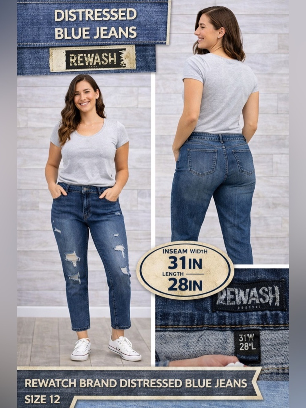 Rewatch brand Distressed Blue Jeans inseam width 31in length 28in